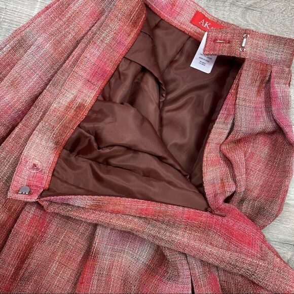 AK Anne Klein Petite Plaid Linen Blend Pleated A-line Skirt Pink Brown 2P - Picture 9 of 11